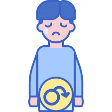 Ilustração de homem com disfunção erétil e expressão triste, indicando dificuldade de ereção