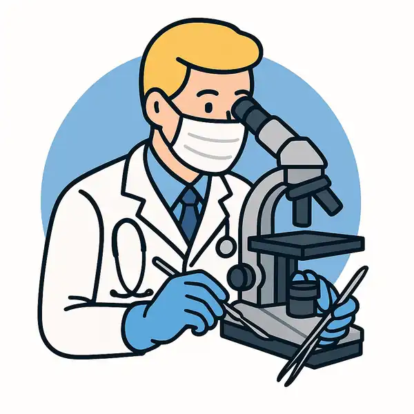 Médico com máscara, luvas, bisturi e pinça trabalhando com microscópio, representando técnica microcirúrgica na reversão de vasectomia em Juiz de Fora