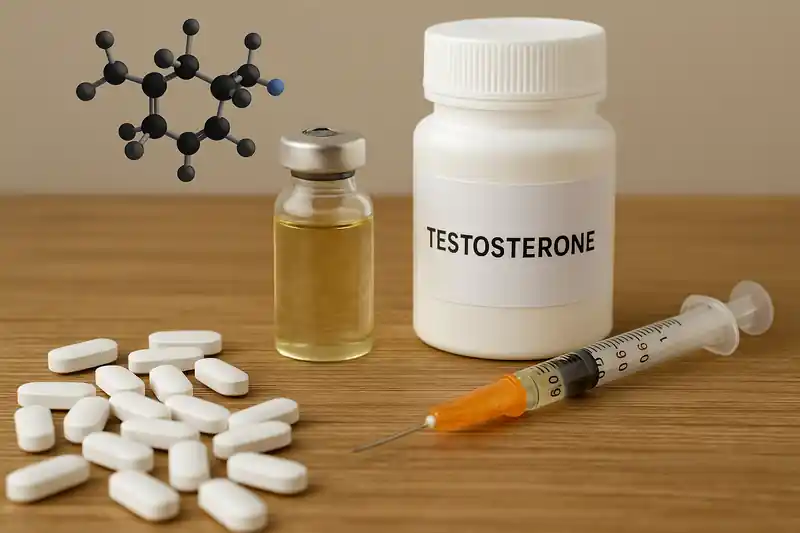 Materiais usados em tratamento com testosterona, como frascos e seringa, sobre superfície de madeira, representando reposição hormonal masculina em Juiz de Fora.
