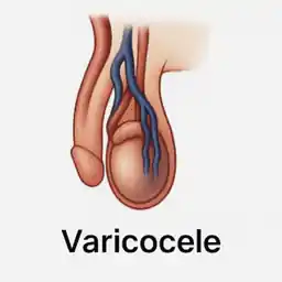 Ilustração médica de varicocele no testículo esquerdo com veias dilatadas