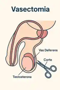 Ilustração anatômica mostrando os canais deferentes sendo cortados durante a vasectomia