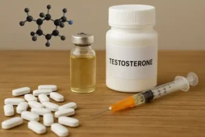 Materiais usados em tratamento com testosterona, como frascos e seringa, sobre superfície de madeira, representando reposição hormonal masculina em Juiz de Fora.
