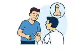 Consulta médica sobre fimose: ilustração de paciente e urologista conversando